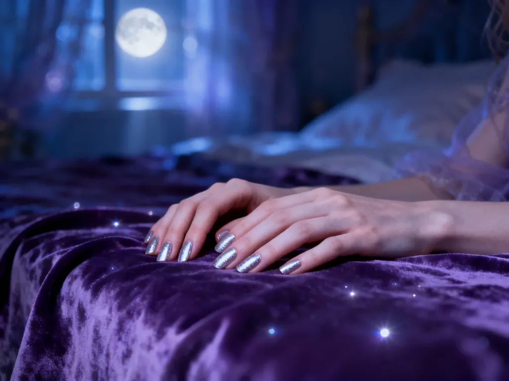 Zadbane dłonie z eleganckim manicure na aksamitnym tle w mistrzowskim, sennym klimacie.