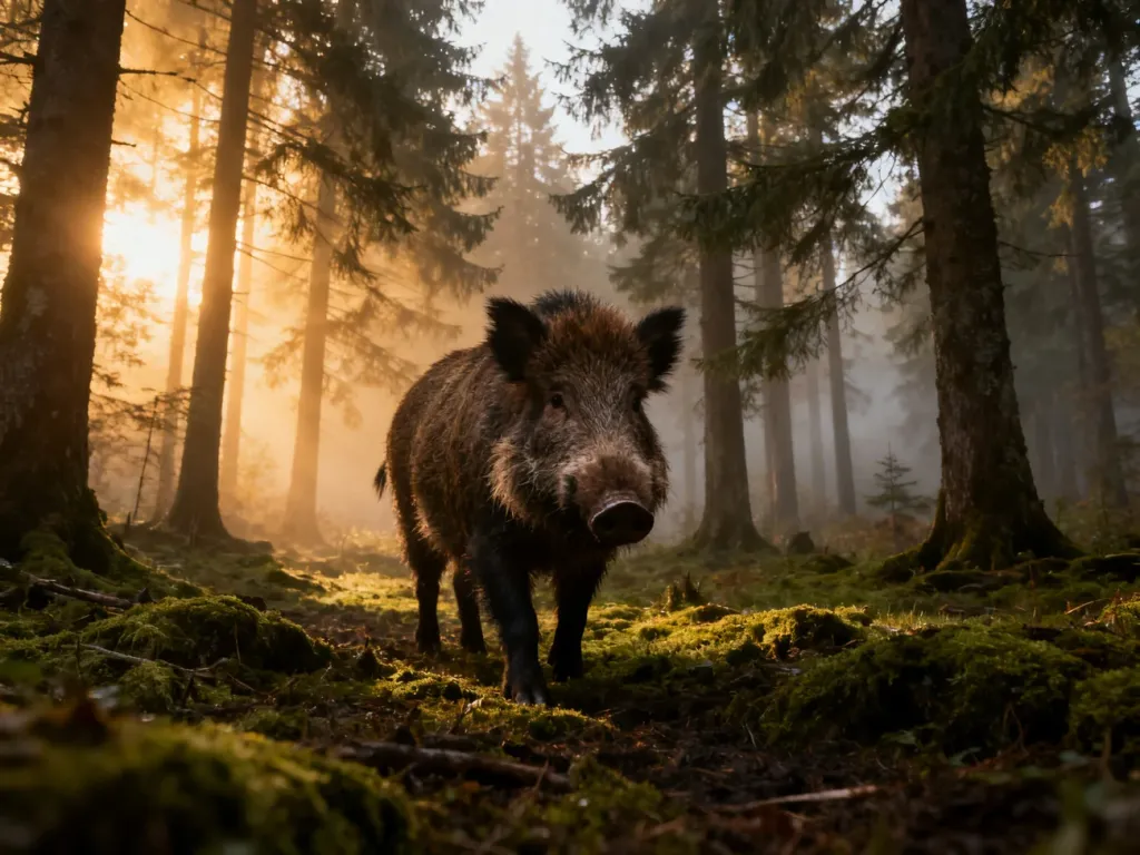 Majestatyczny dzik w zamglonym, porannym lesie, symbolizujący dziką naturę i tajemniczą aurę snów.