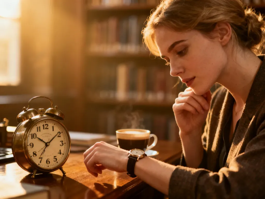Kobieta z kawą patrzy na zegarek wskazujący godzinę 15:15 w przytulnym wnętrzu biblioteki.