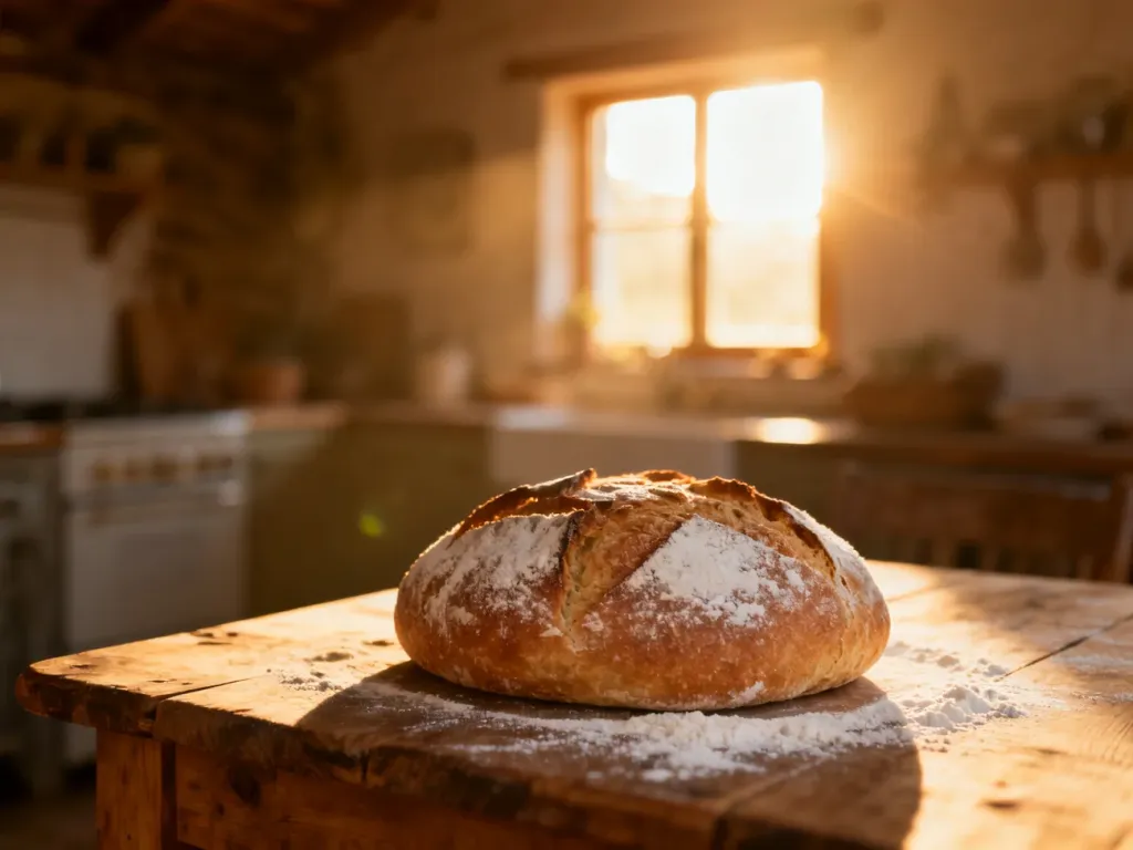 Świeży bochenek chleba na rustykalnym stole w słonecznej kuchni, symbolizujący domowe ciepło i dostatek.