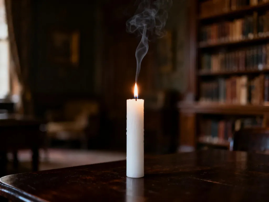 Biała świeca na drewnianym stole z tlącym się knotem, symbolizująca wygasający płomień w przytulnym wnętrzu biblioteki.