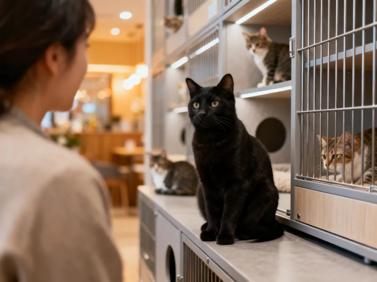 Czarny kot czekający na adopcję w schronisku
