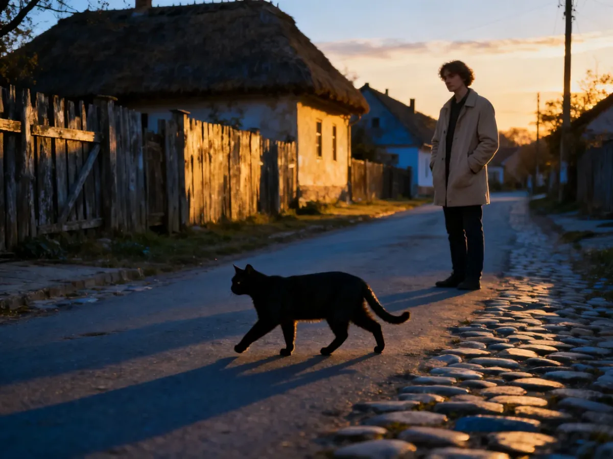 Czarny kot przechodzący spokojnie przez drogę o zmierzchu