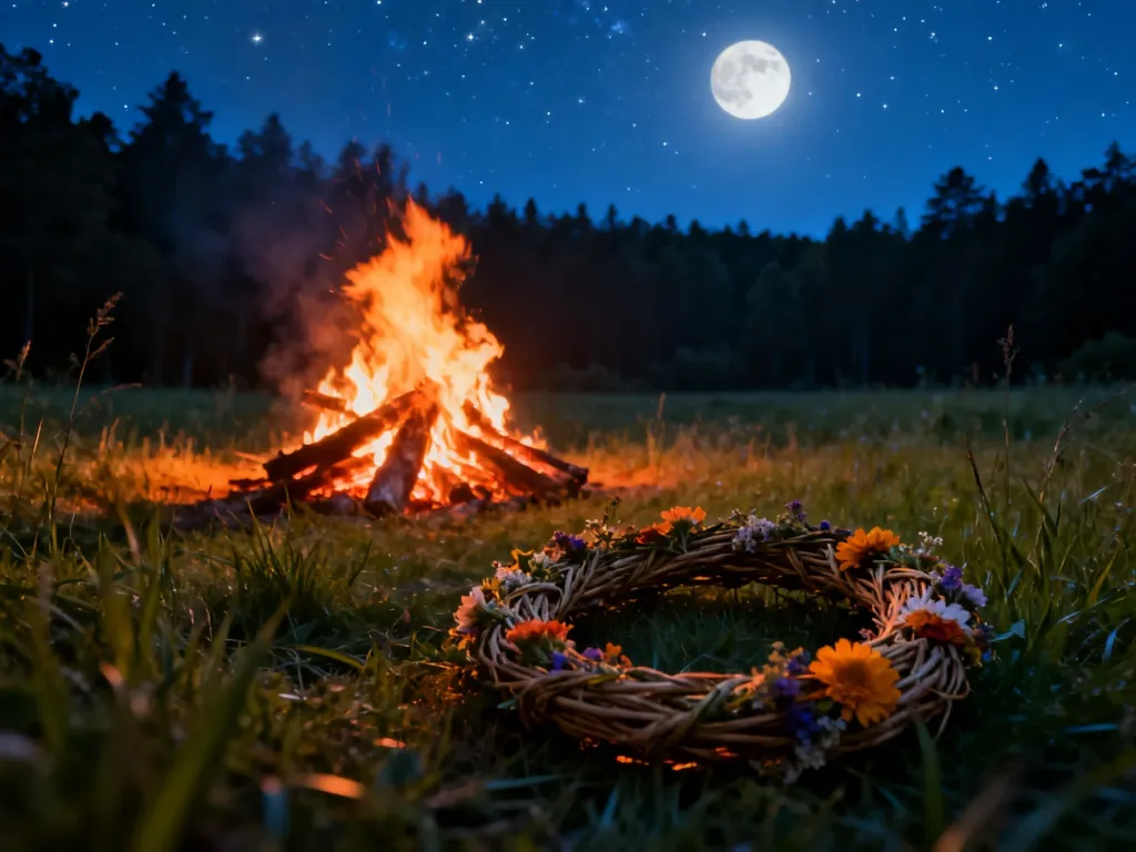 Płonące ognisko i wianek na łące w noc świętojańską pod pełnią księżyca. Klimatyczna scena nawiązująca do tradycji Nocy Kupały.