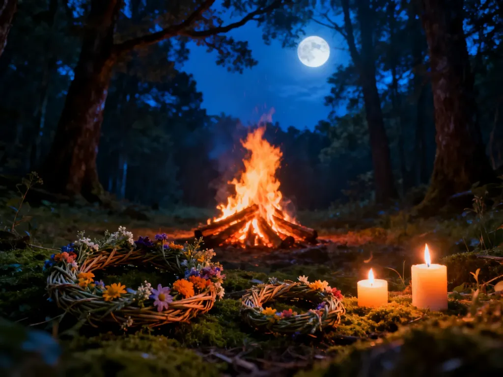 Płonące ognisko i wianki z kwiatów w nocnym lesie, nawiązujące do słowiańskich tradycji Nocy Kupały.