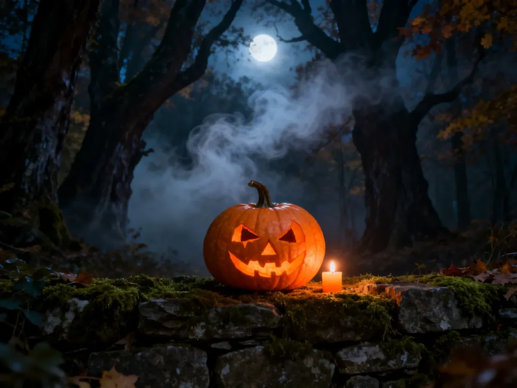 Wydrążona, świecąca dynia na mchu w mrocznym, jesiennym lesie, tworząca tajemniczy klimat Halloween.