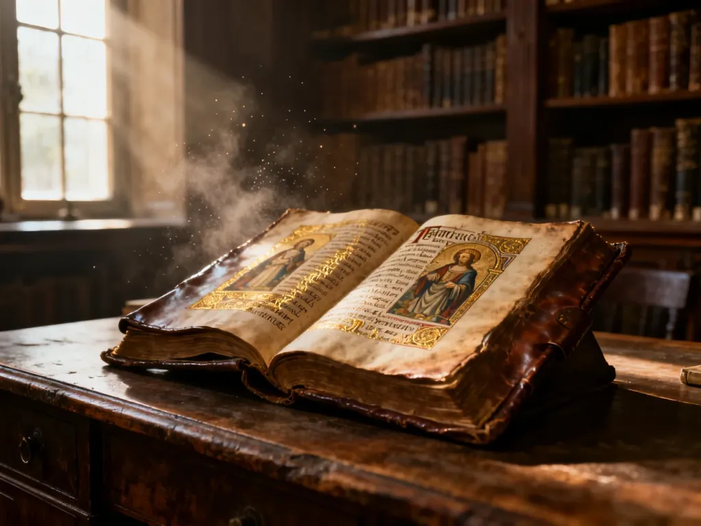 Otwarta, zabytkowa księga z ilustracjami świętych na drewnianym biurku w bibliotece, symbolizująca poszukiwanie patrona.