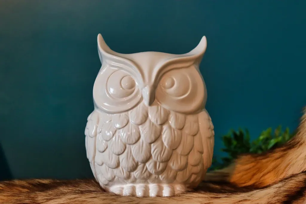 Ceramiczna figurka sowy ustawiona wśród ogrodowej zieleni, stanowiąca ozdobny element dekoracji zewnętrznej.